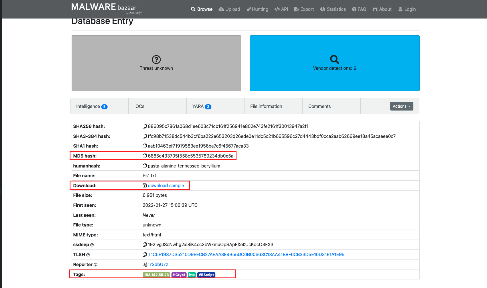 Malware Bazaar result
